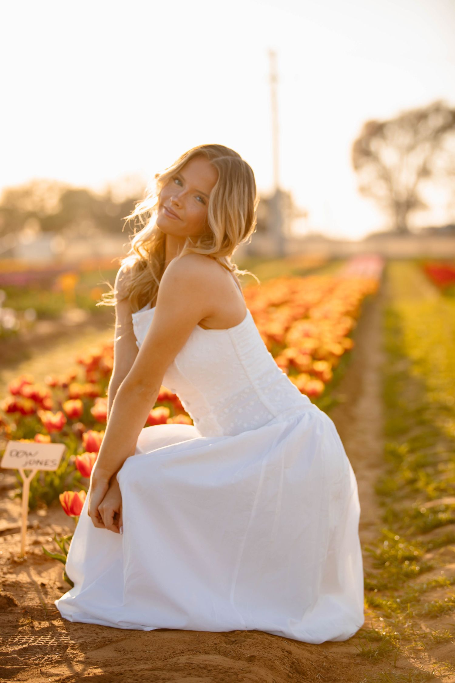 A figure in a flowing white dress sits gracefully in a sunlit pumpkin field during golden hour.