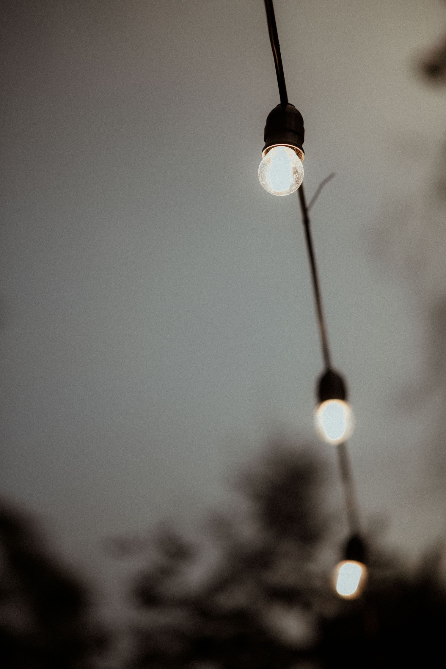 String of glowing Edison bulbs hanging against a dusky sky.