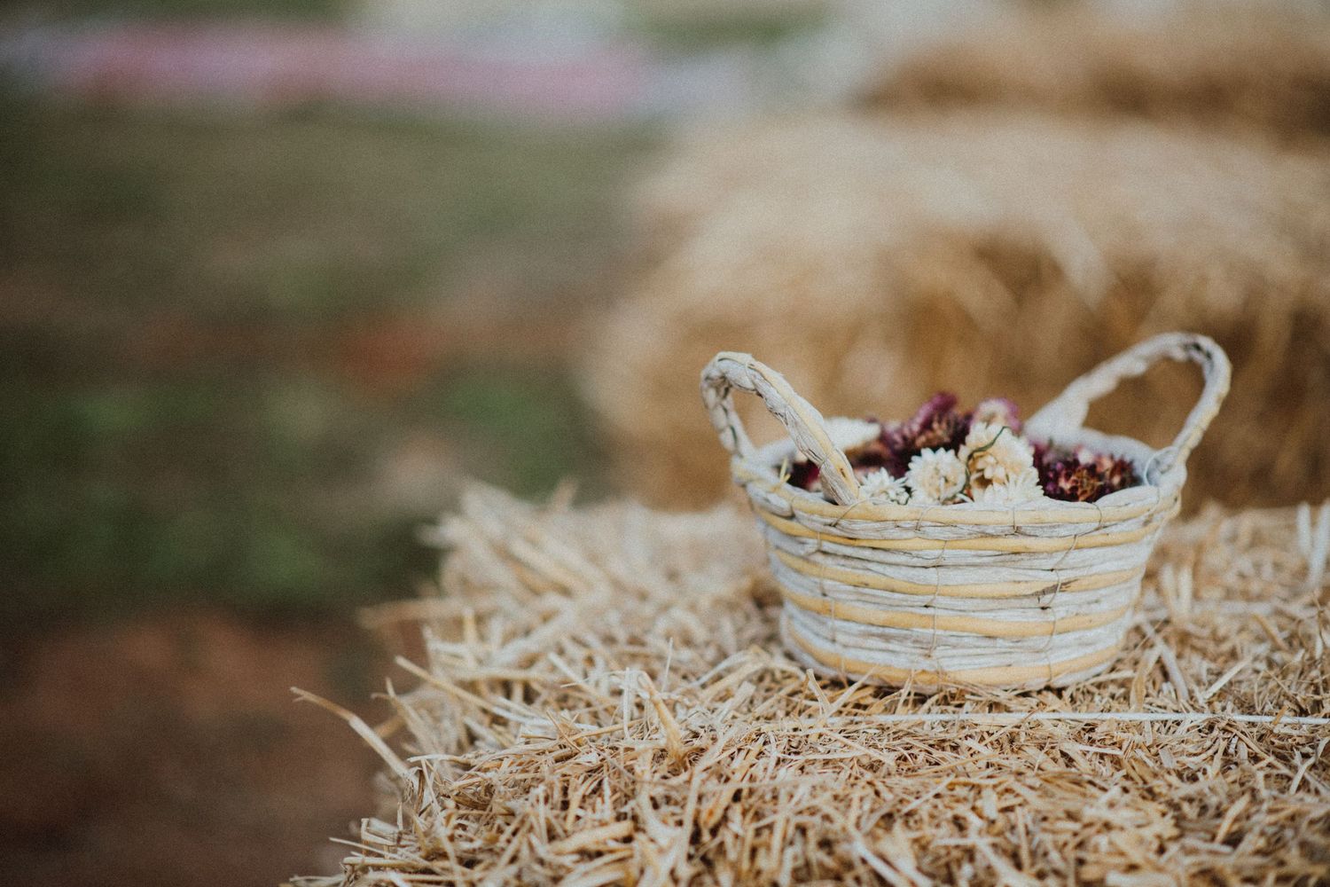 Small decorative basket filled with flowers sits atop a rustic hay bale.