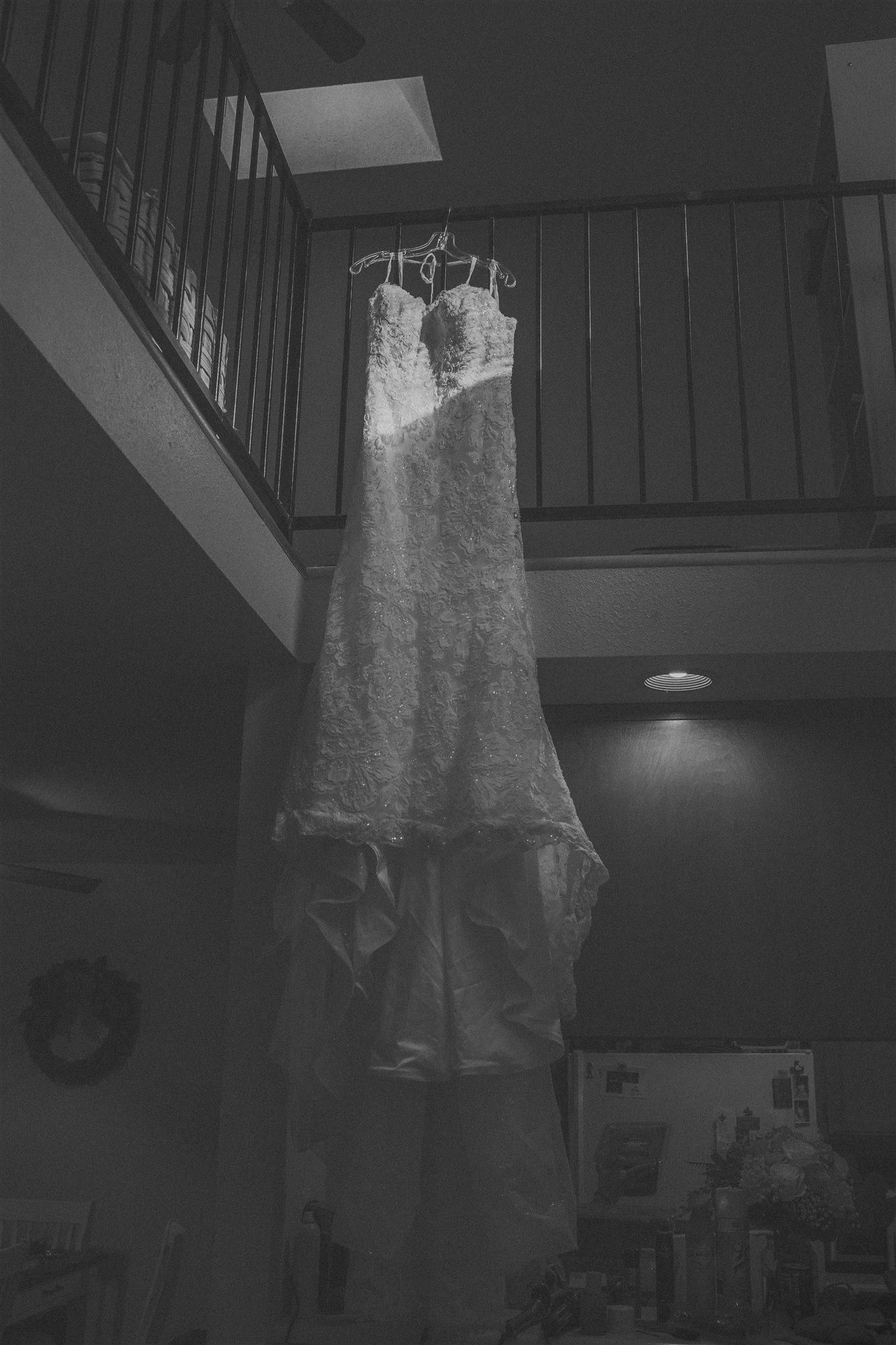 WEDDING DRESS HANGING PHOTO IN FRESNO, CALIFORNIA