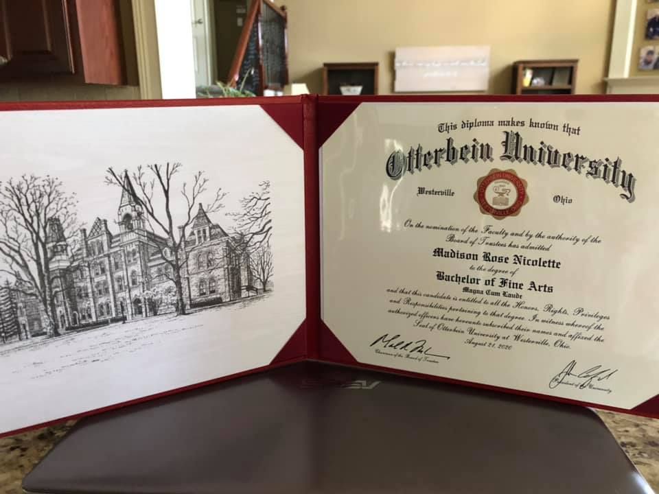Boundless Joy Photography owner Maddie Lewis’s Bachelor of Fine Arts degree from Otterbein University in Westerville, Ohio.
