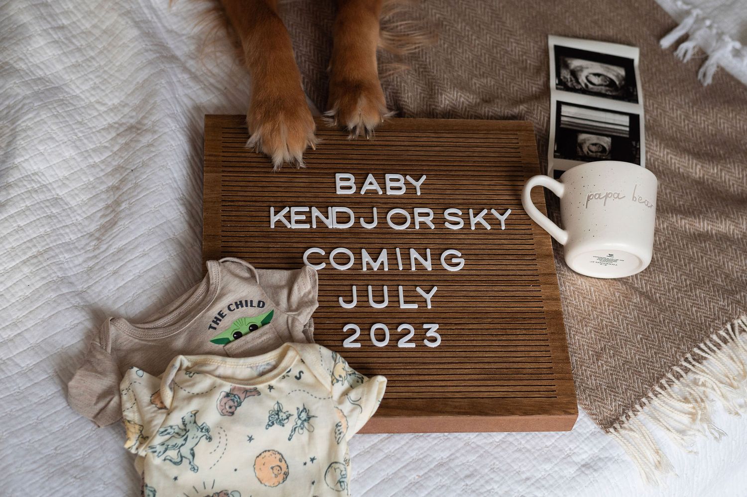 Baby on the way! This playful pregnancy announcement brings in cozy textures, baby onesies, and the family dog’s paw,captured in Westerville