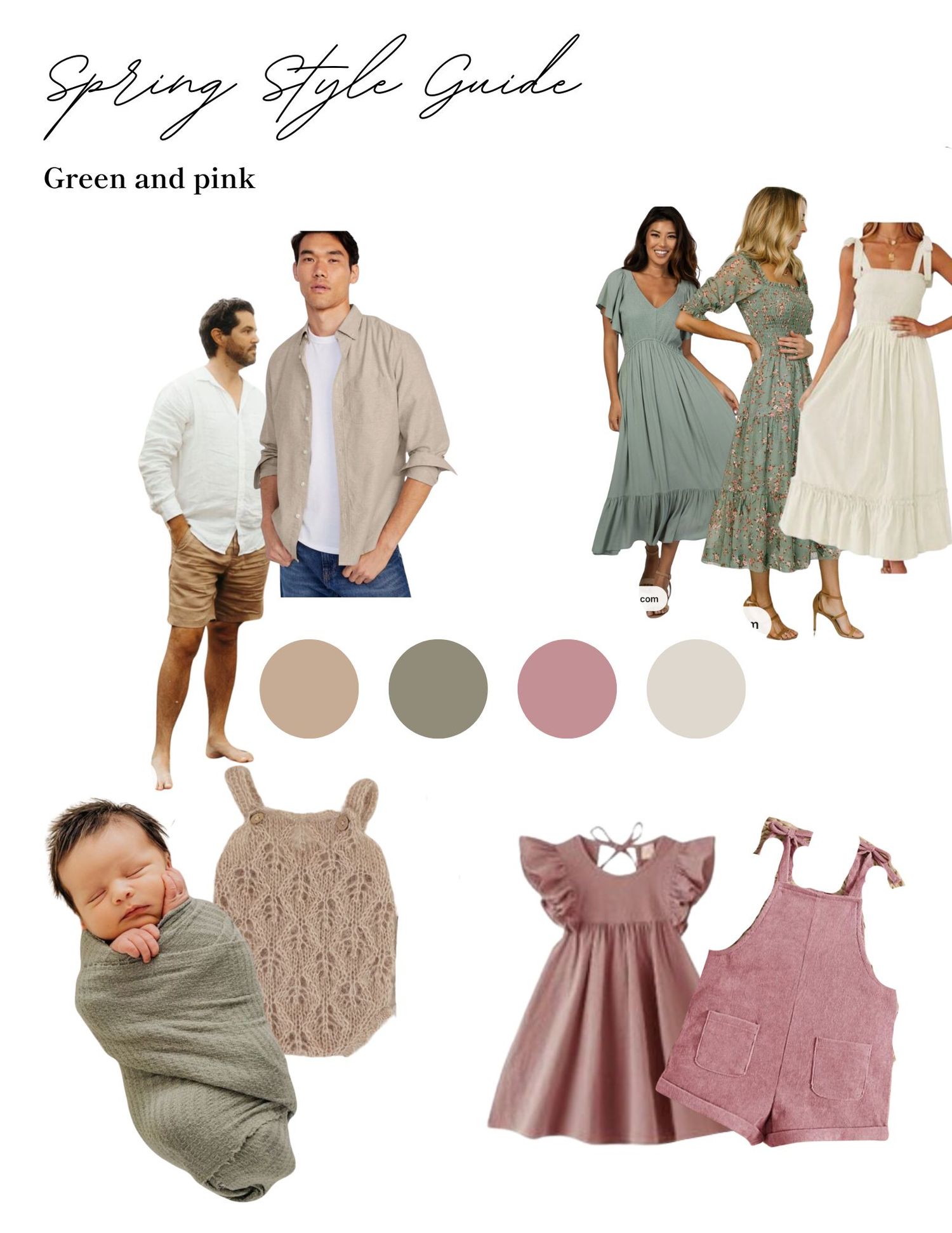 Spring style guide collage featuring coordinated green and pink outfits for the whole family, with neutral color swatches and soft textures.