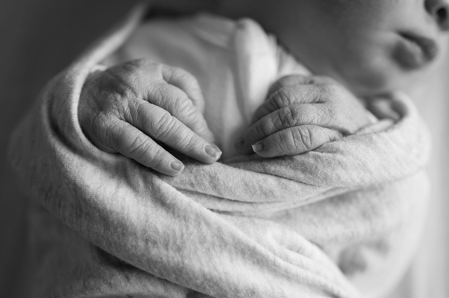 Black and white close-up of a newborn’s tiny hands clasped together while swaddled.
