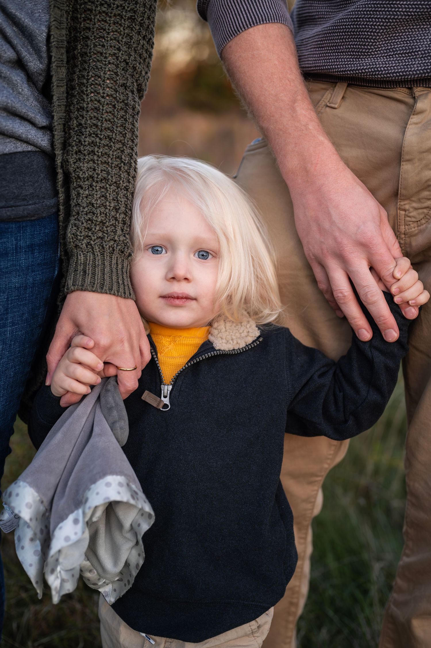 Shy toddler holds both parents’ hands during a quiet, connected moment in a family photo session.