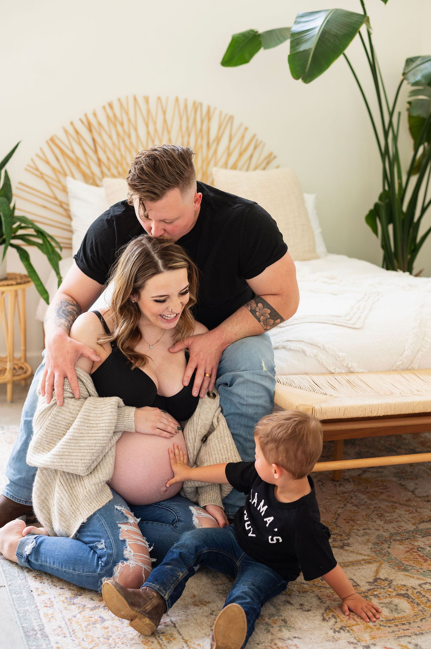 Maternity session with big brother touching mom’s belly—Columbus lifestyle family and maternity photographer
