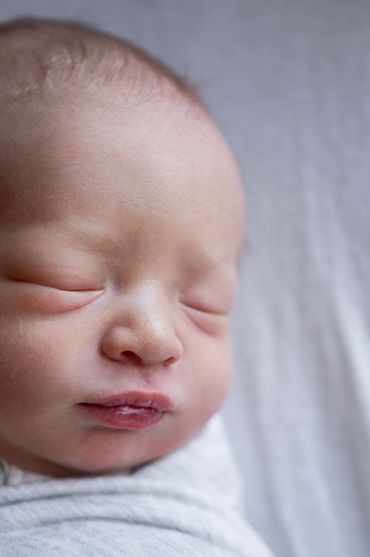 Close-up of swaddled newborn’s peaceful face—Westerville newborn photographer