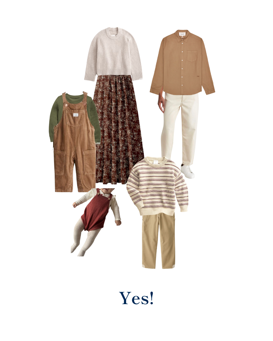 Flat lay of coordinated family outfits in cream, tan, olive, and burgundy with text ‘YES’ to show a balanced color palette for family photos