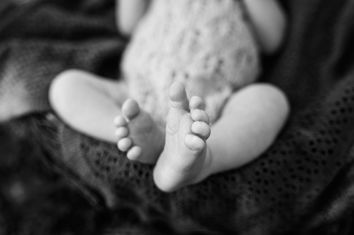 Black and white close-up of baby toes from outdoor newborn session at Gahanna Creekside—Columbus newborn photographer