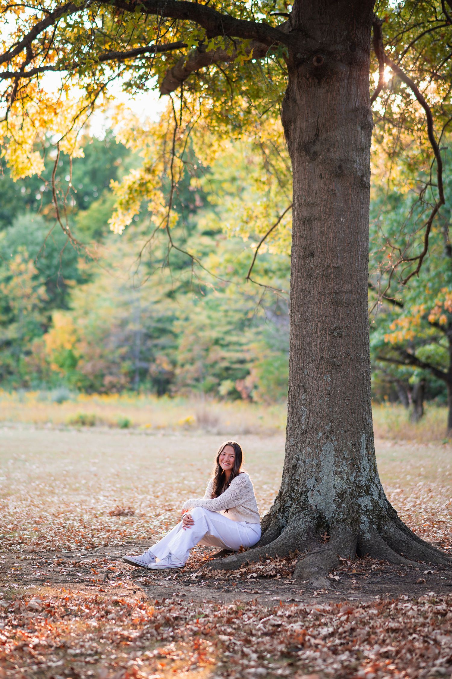 Senior girl smiling under golden fall tree at Sharon Woods—Westerville senior photographer