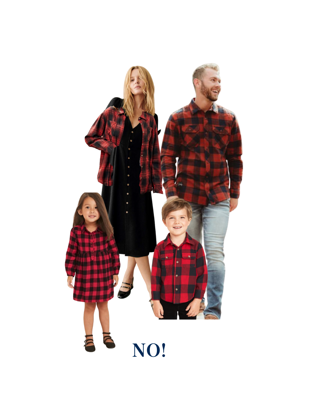 Example of family all wearing matching red plaid shirts with text ‘NO’ to show what not to wear for coordinated family photo outfits