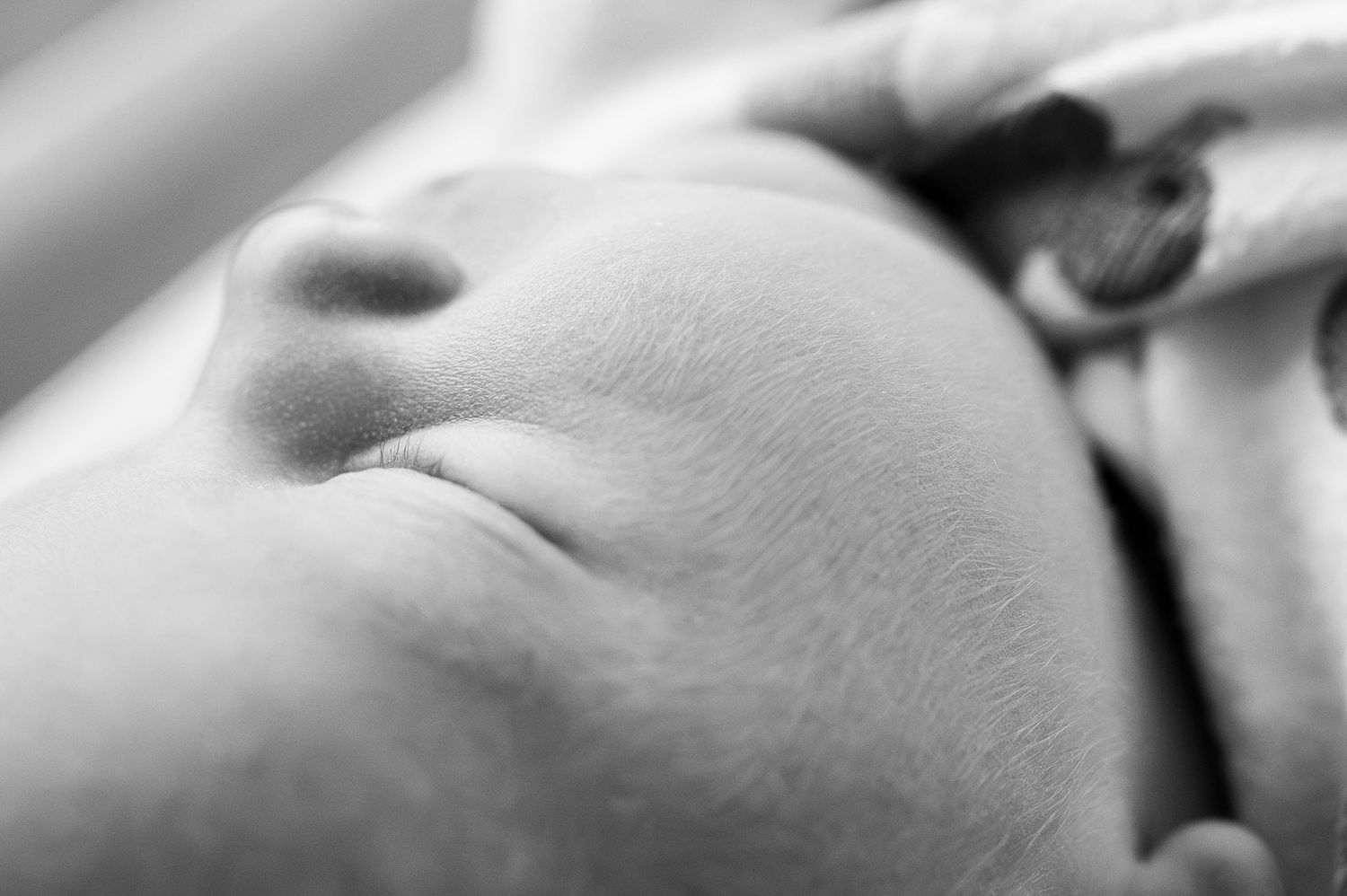 Black and white close-up of newborn face—Fresh 48 hospital session in Columbus, Ohio
