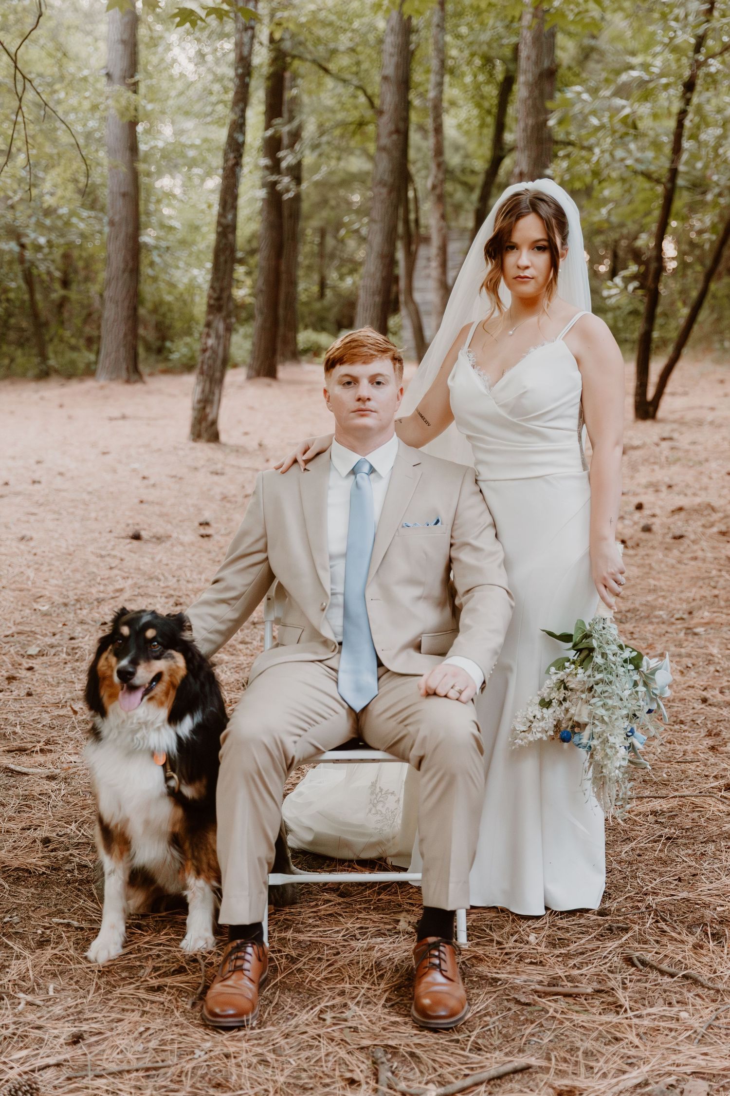 A couple in wedding attire sits on a bench in a wooded area with their dog during an outdoor photo session.