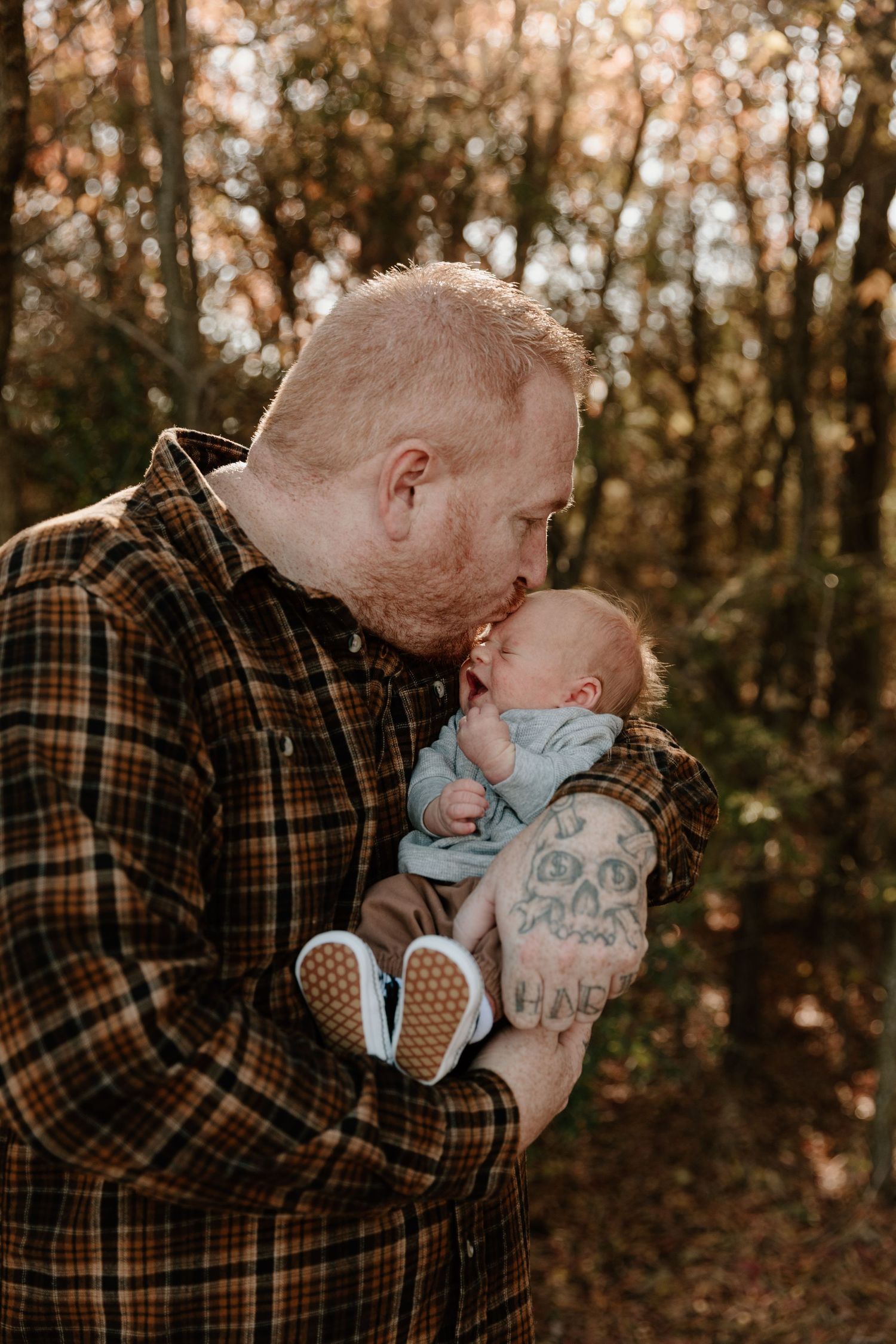 A series of tender moments captured between a parent and child in a brown plaid shirt against autumn trees.