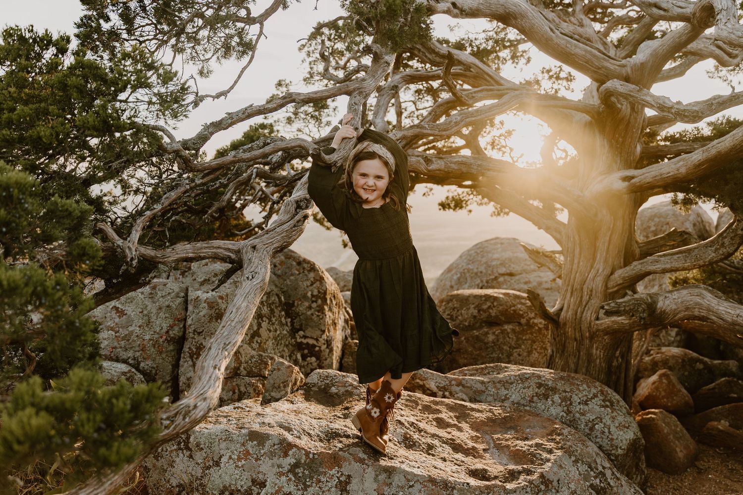 Silhouette against golden sunset stands on rocky outcrop with gnarled tree branches framing the dramatic scene.