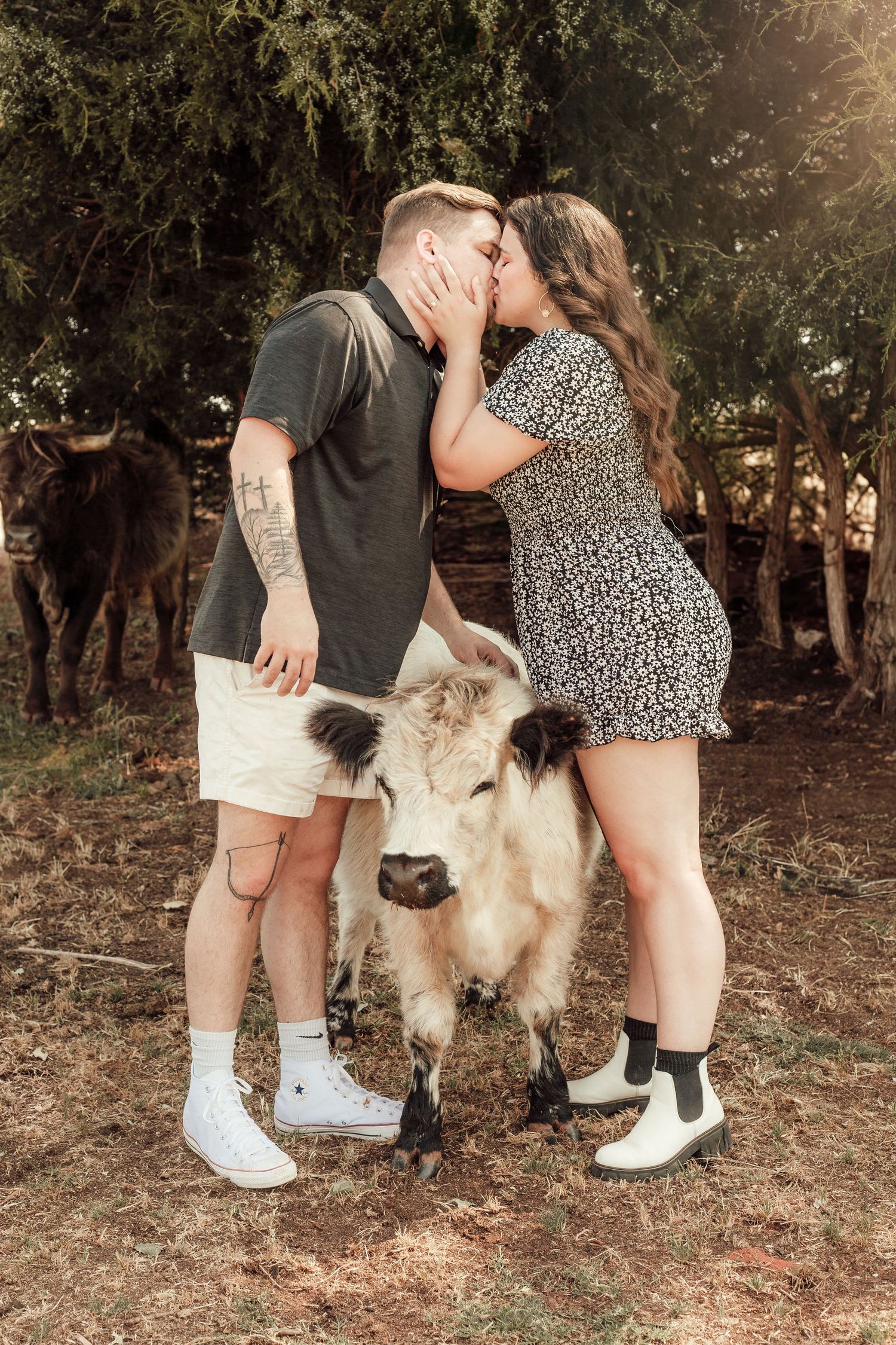 A romantic kiss with a fluffy cow photobombing in a rustic farm setting.