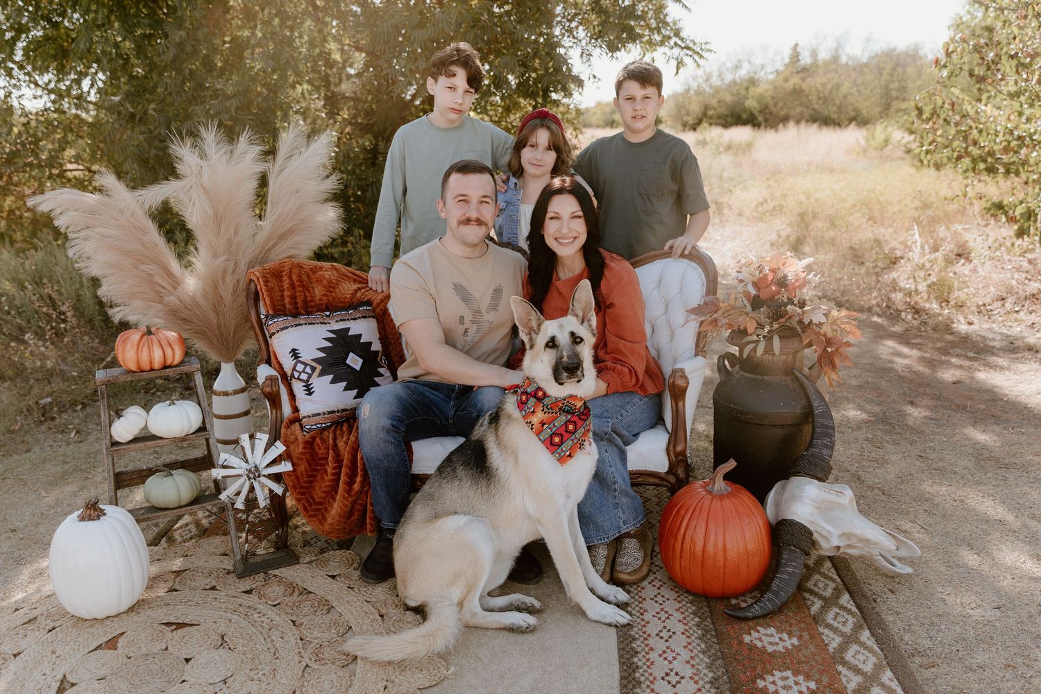 A collage of fall-themed outdoor family photo session scenes with pumpkins, autumn decor and natural lighting.