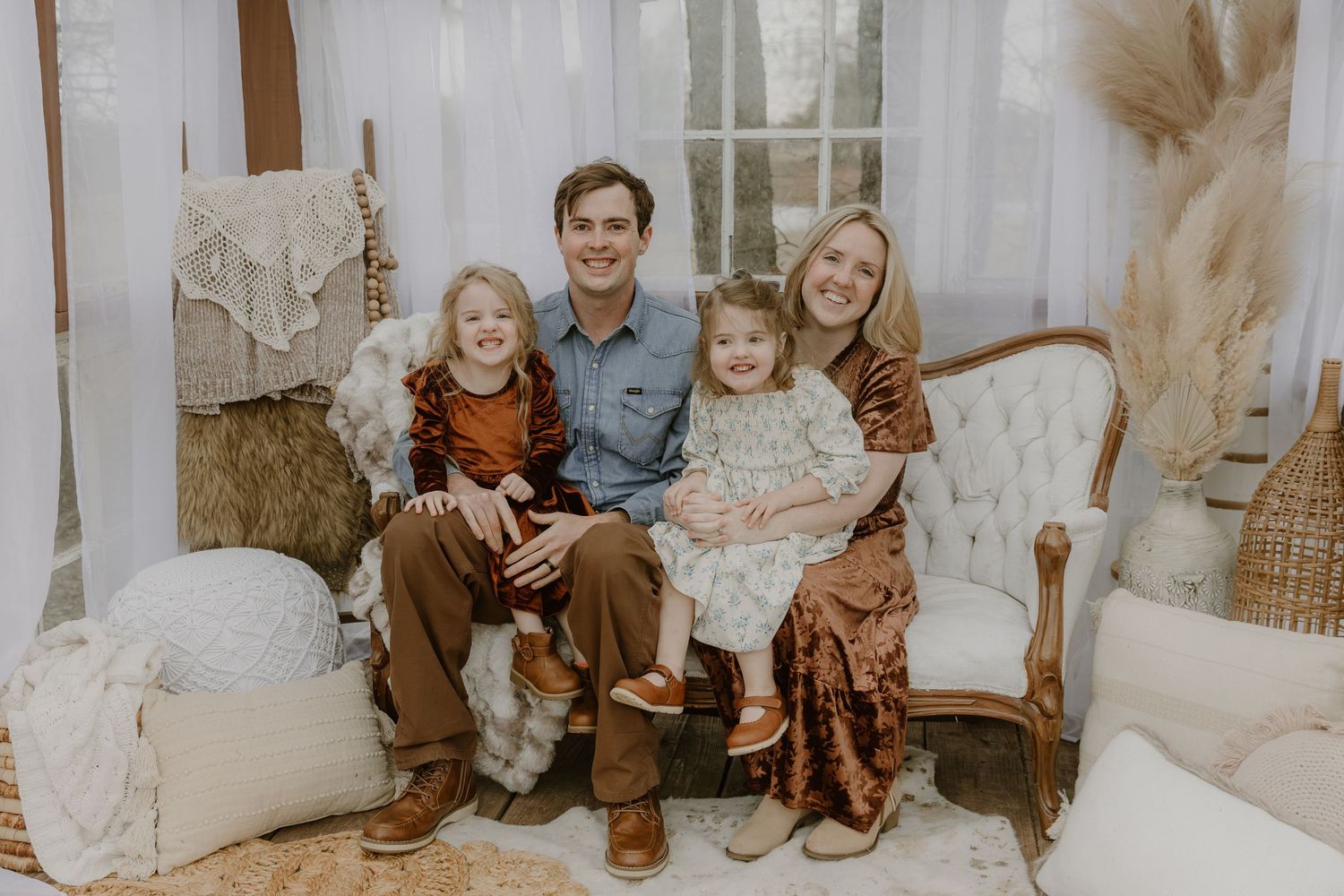 A collage of family portrait photos showing cozy indoor scenes with neutral tones and warm lighting.