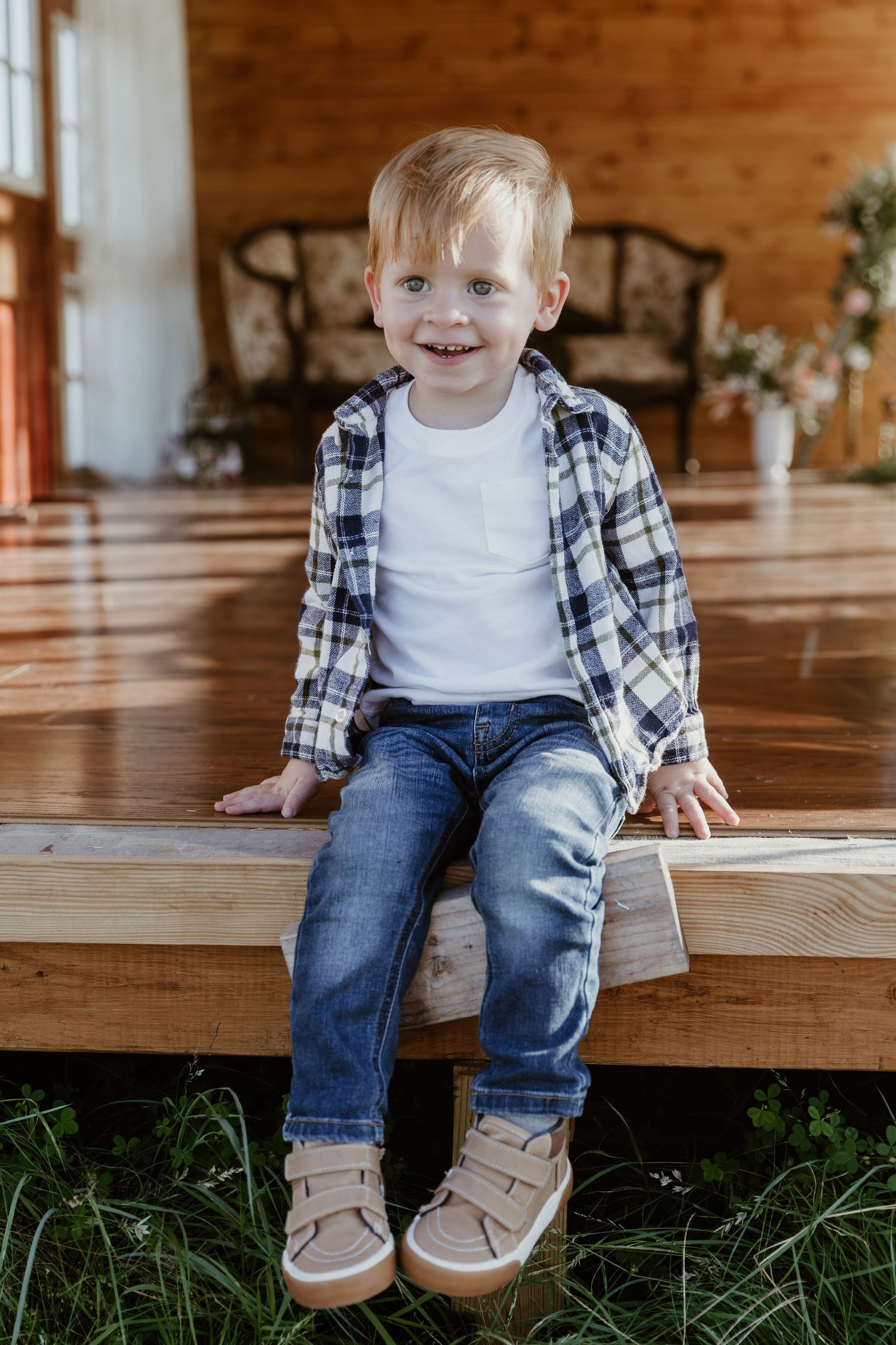 A sequence of images showing small feet in beige shoes and jeans sitting on a wooden bench.