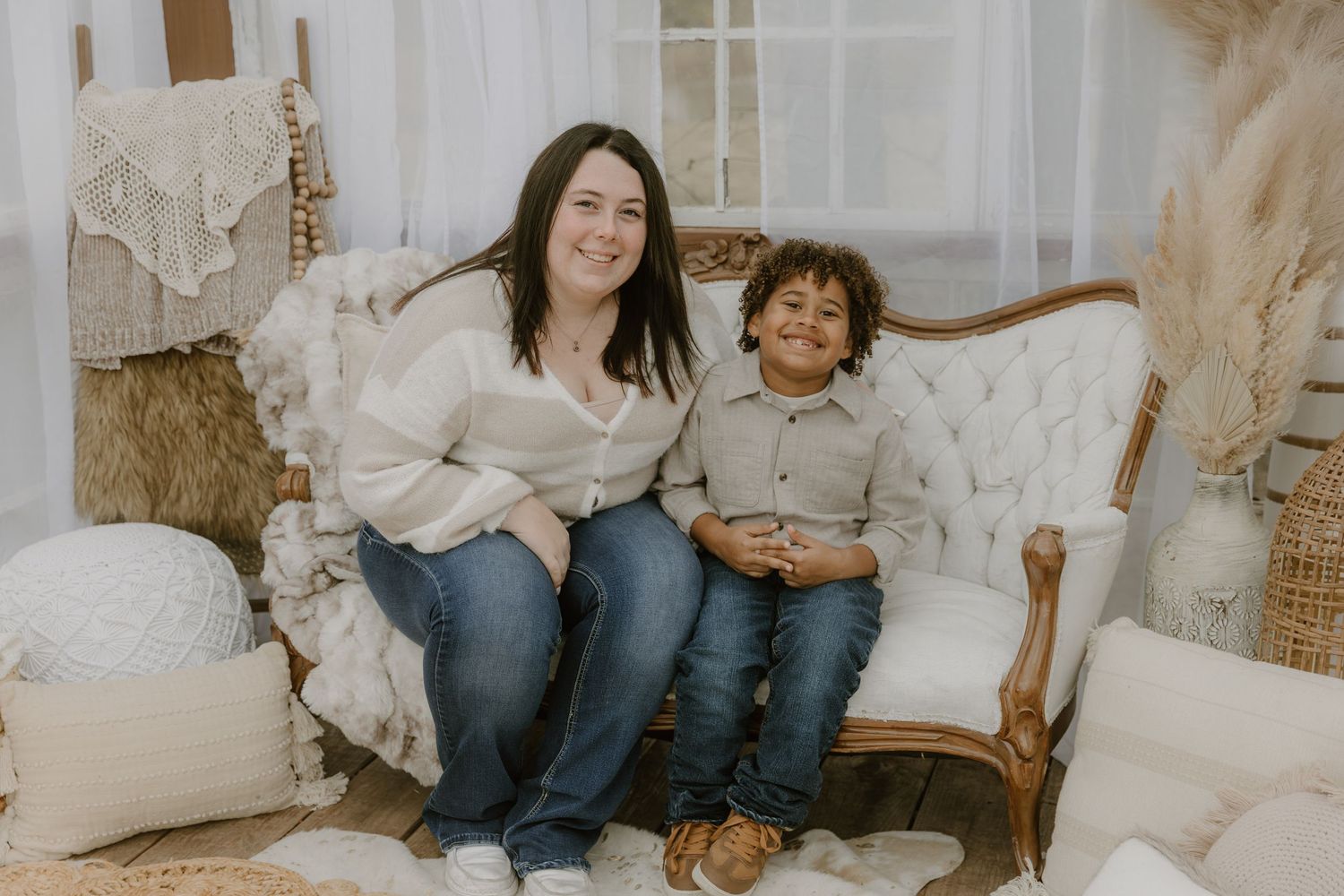 A series of candid family photos showing joyful moments together in a light and airy indoor setting.