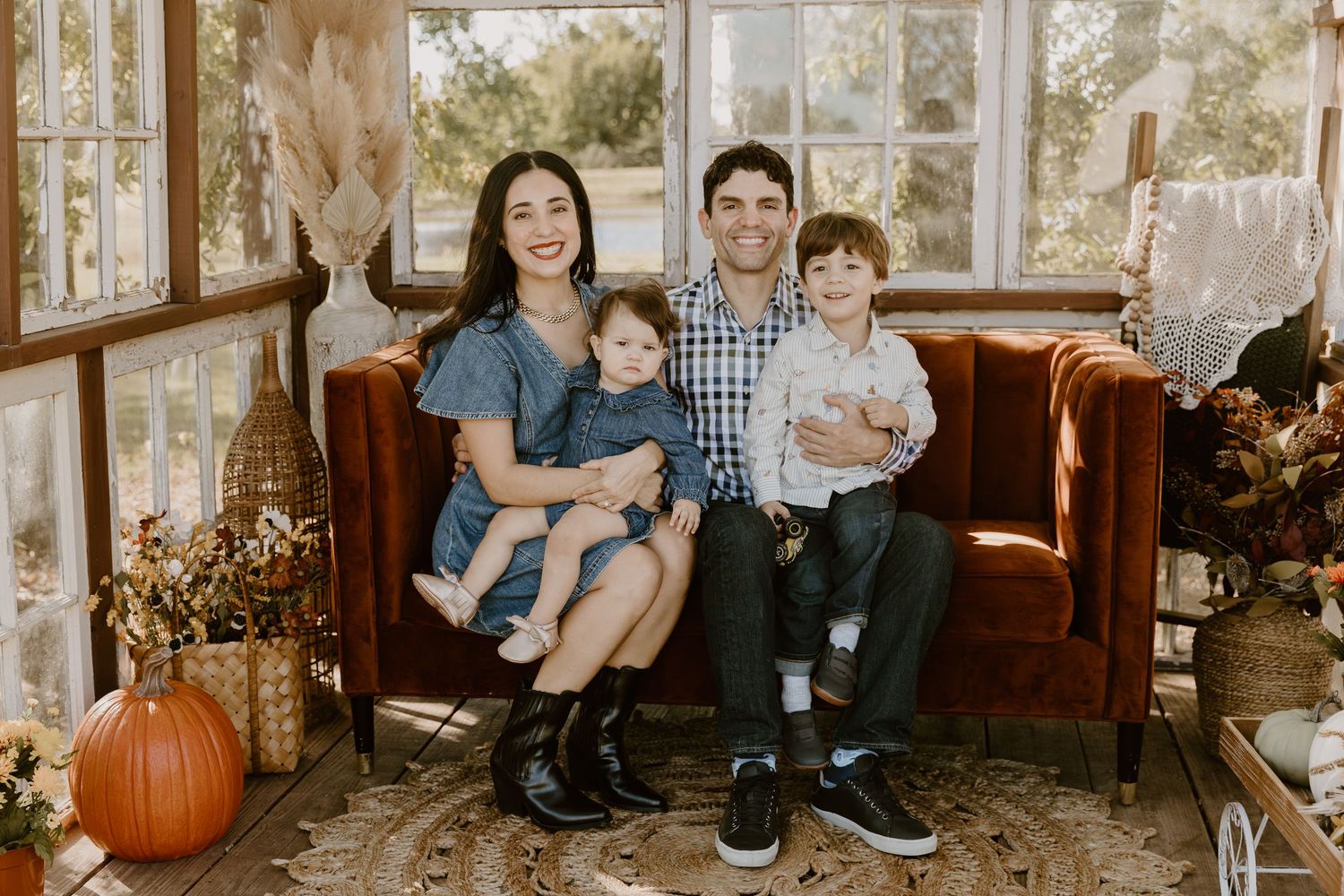 A collage of warm autumn family photos with pumpkins and natural light in an outdoor setting.