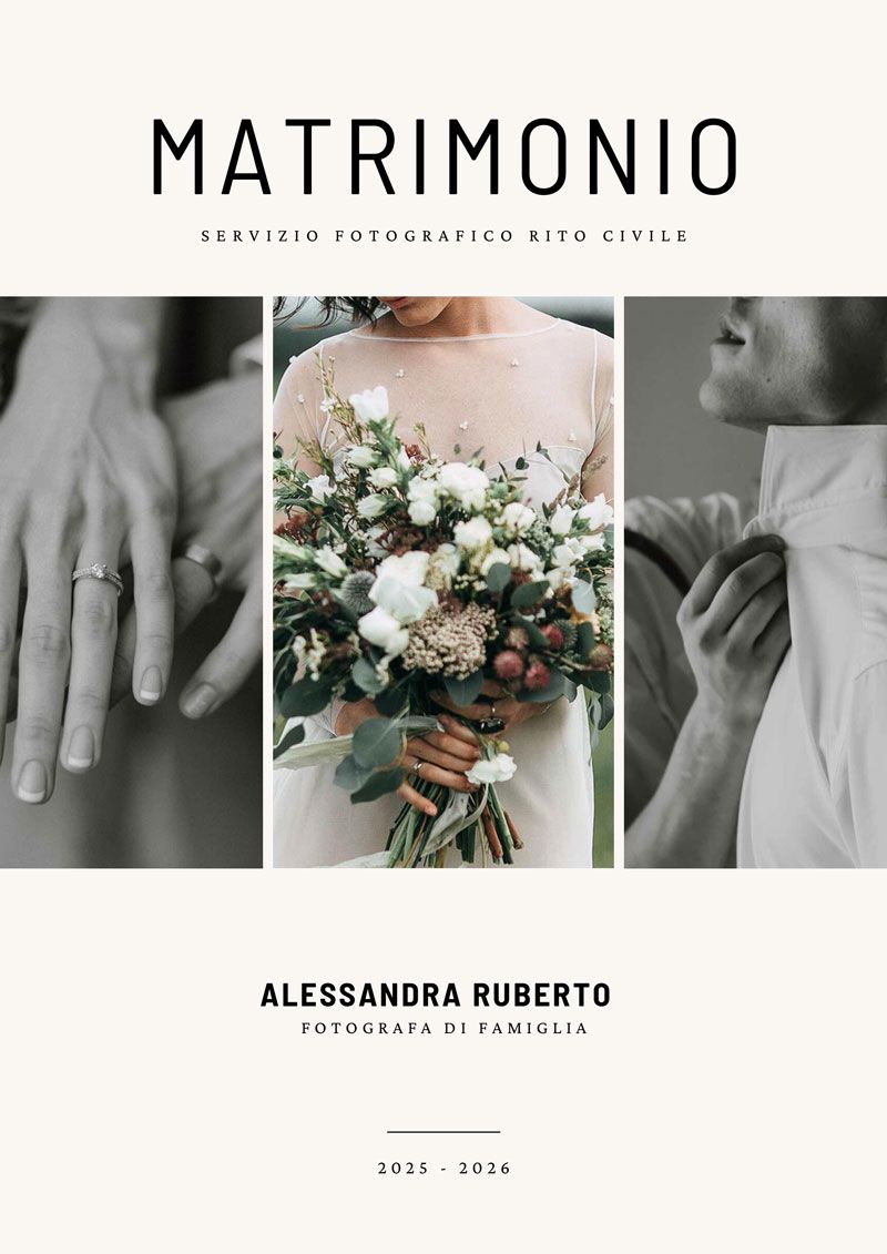 MATRIMONIO CIVILE Wedding photography portfolio cover showing monochrome text 'MATRIMONIO' with floral and ring detail images.