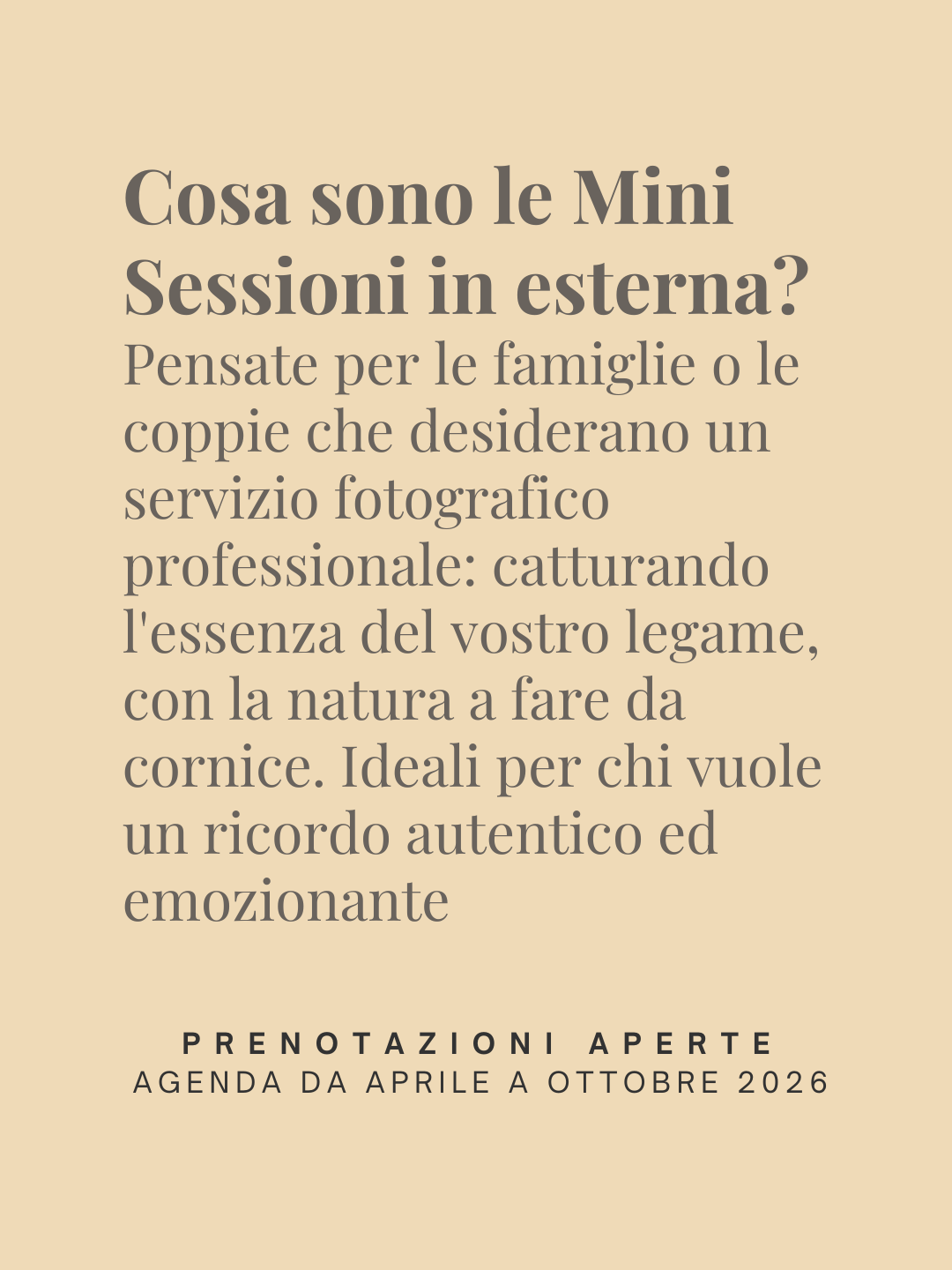 Italian text advertisement for mini outdoor photo sessions with beige background and elegant typography.