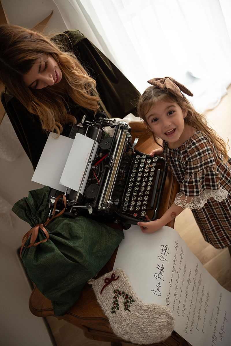 A series of photos showing someone writing with a vintage typewriter while wearing a plaid shirt and green sweater.