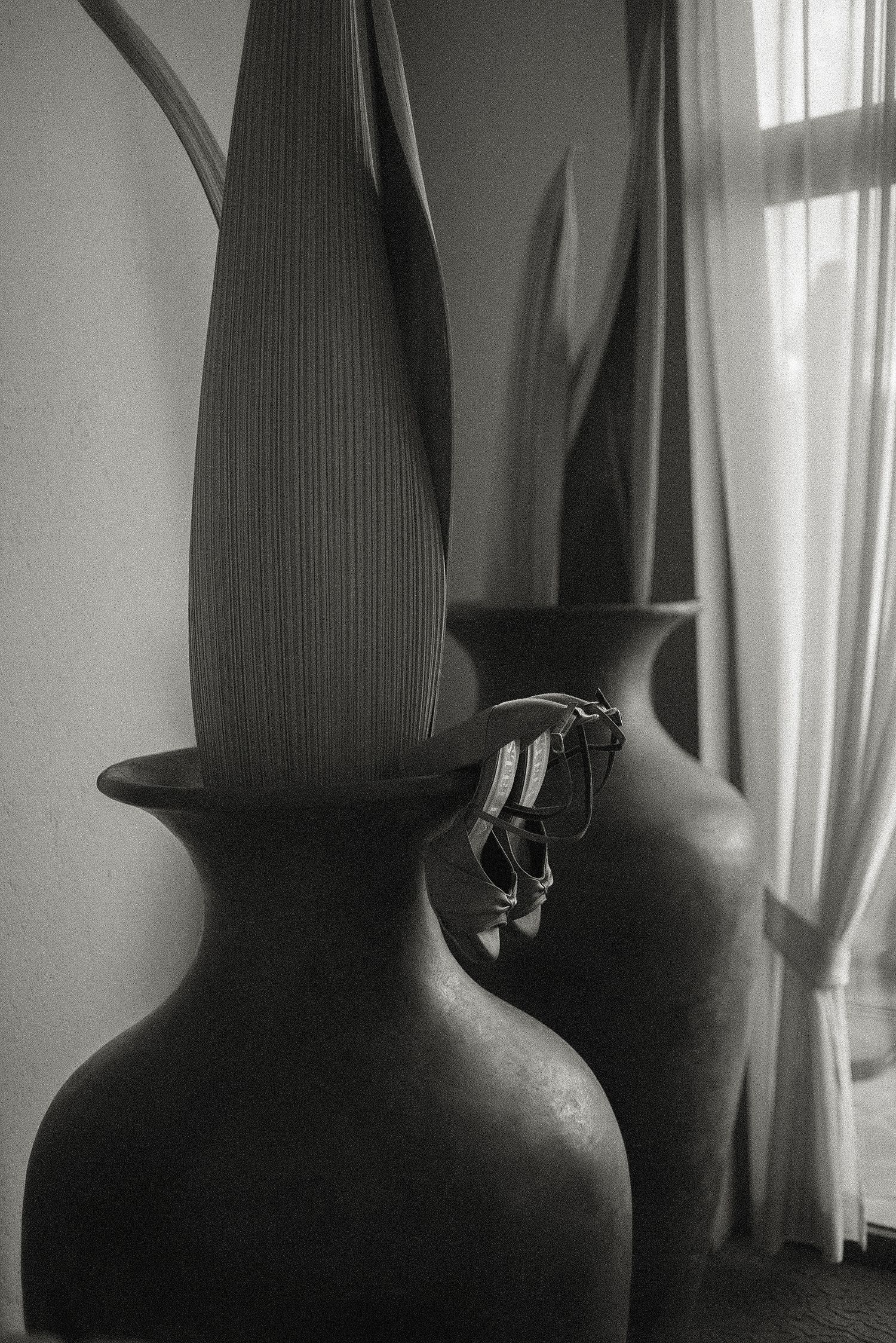 Wedding rings displayed artistically on black ceramic vase against soft window light.