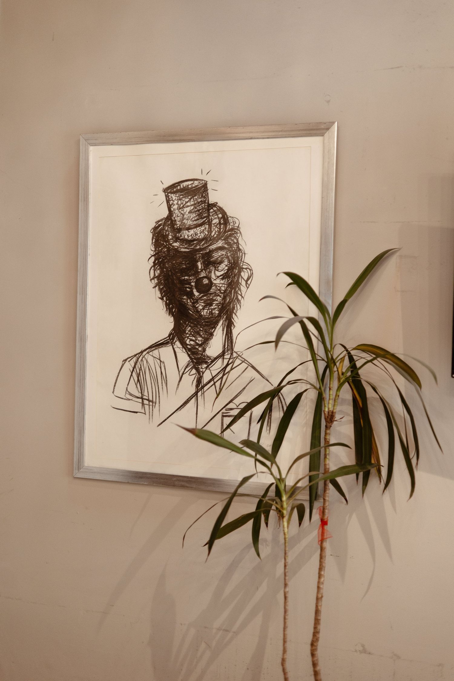 A series of framed sketch portraits on a wall with a green palm plant in the foreground.