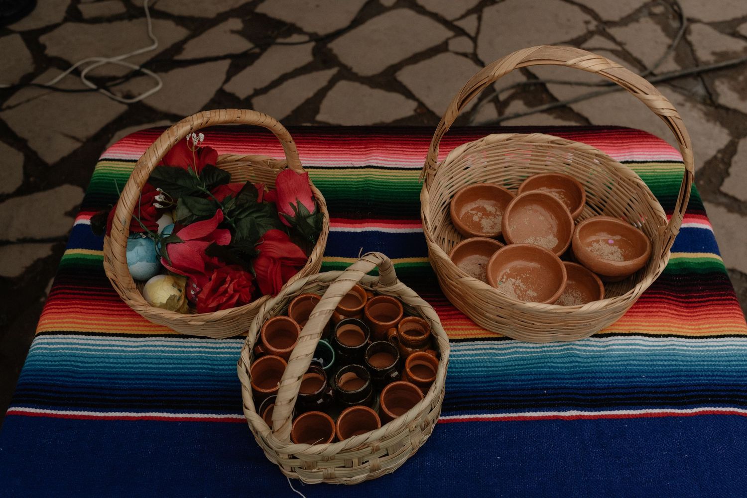 Three woven baskets filled with yarn and craft supplies displayed on a colorful striped Mexican serape blanket.