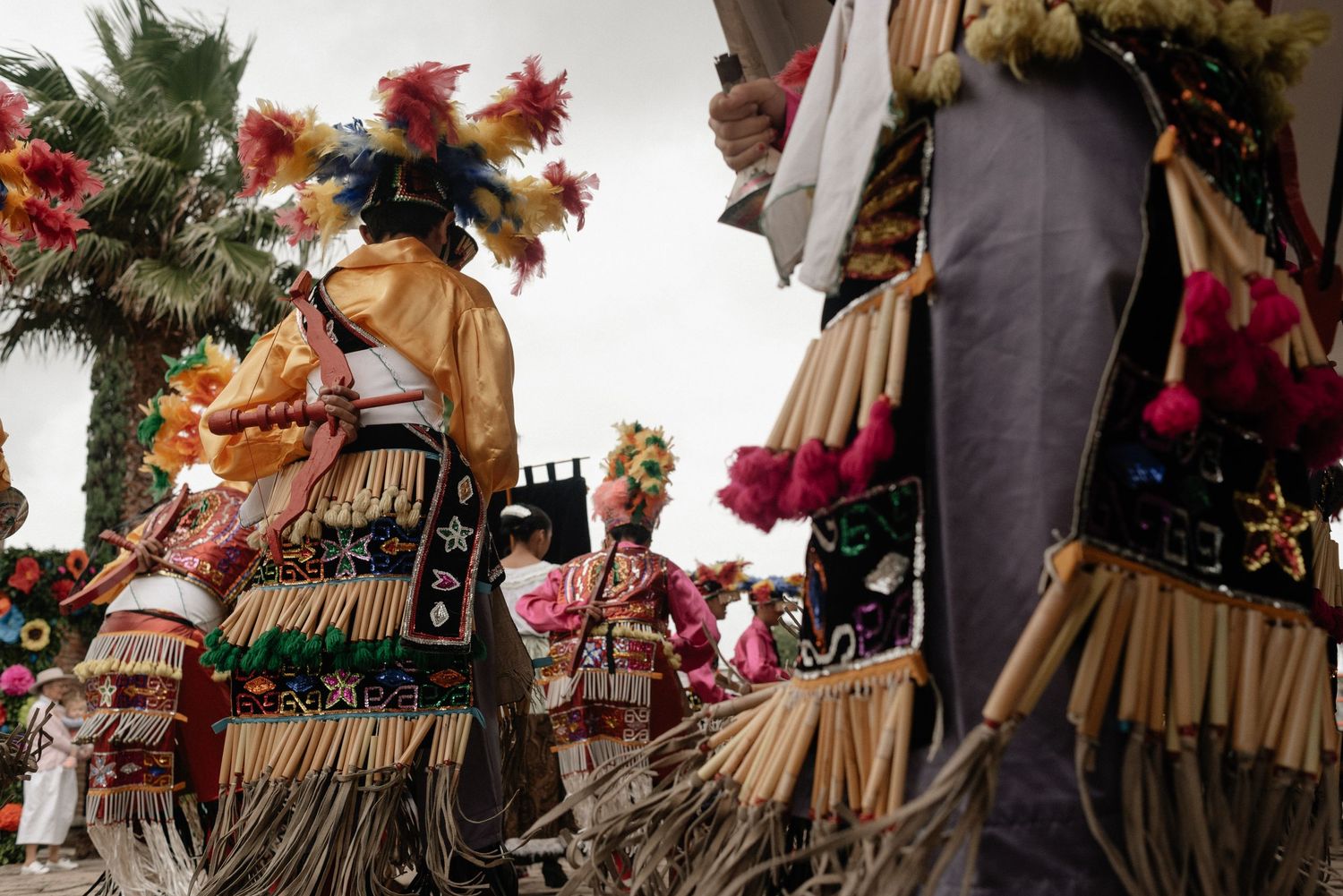 Traditional dancers in colorful costumes with feathers and grass skirts perform at a cultural festival or celebration.