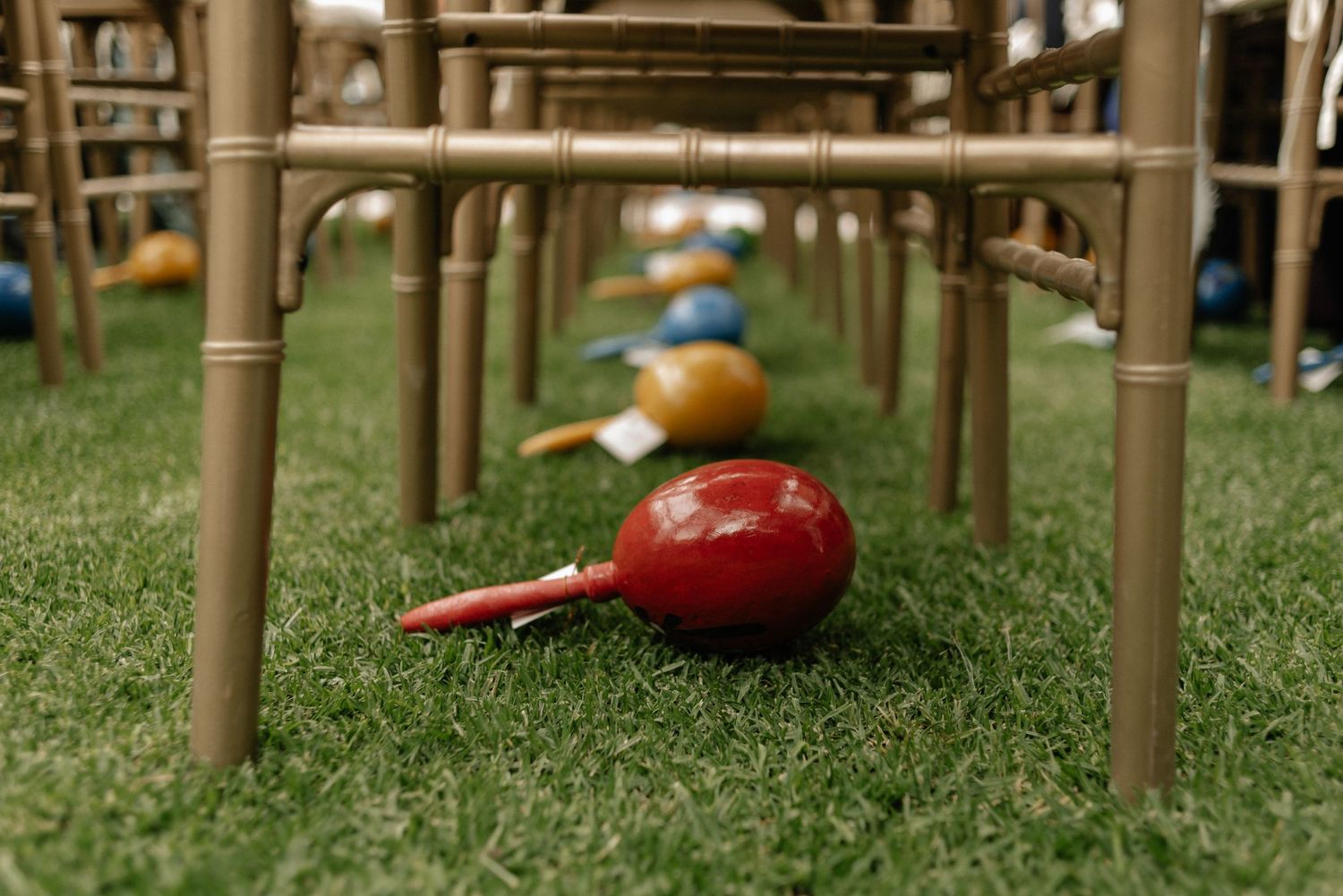 Croquet balls lined up under wickets on a grassy lawn during a game.
