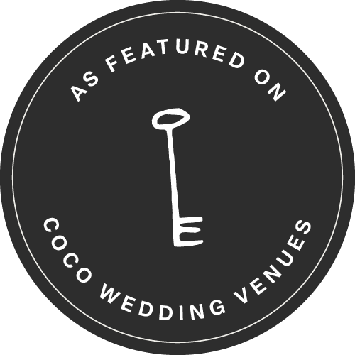 Collection of black oval wedding blog badges and featured stamps arranged in a row.