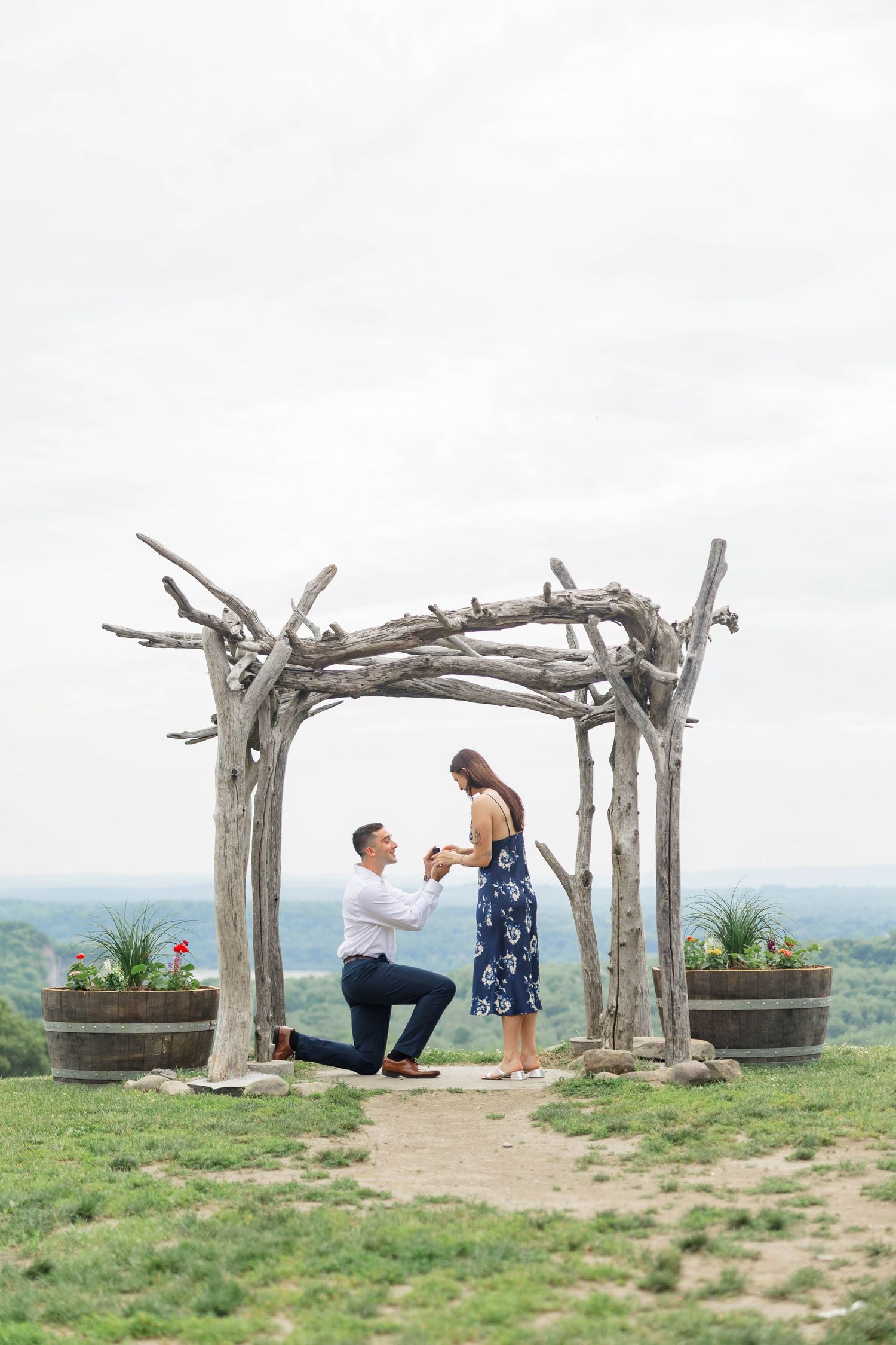 Man proposing on one knee to woman under rustic driftwood arch on grassy hilltop with scenic landscape backdrop.