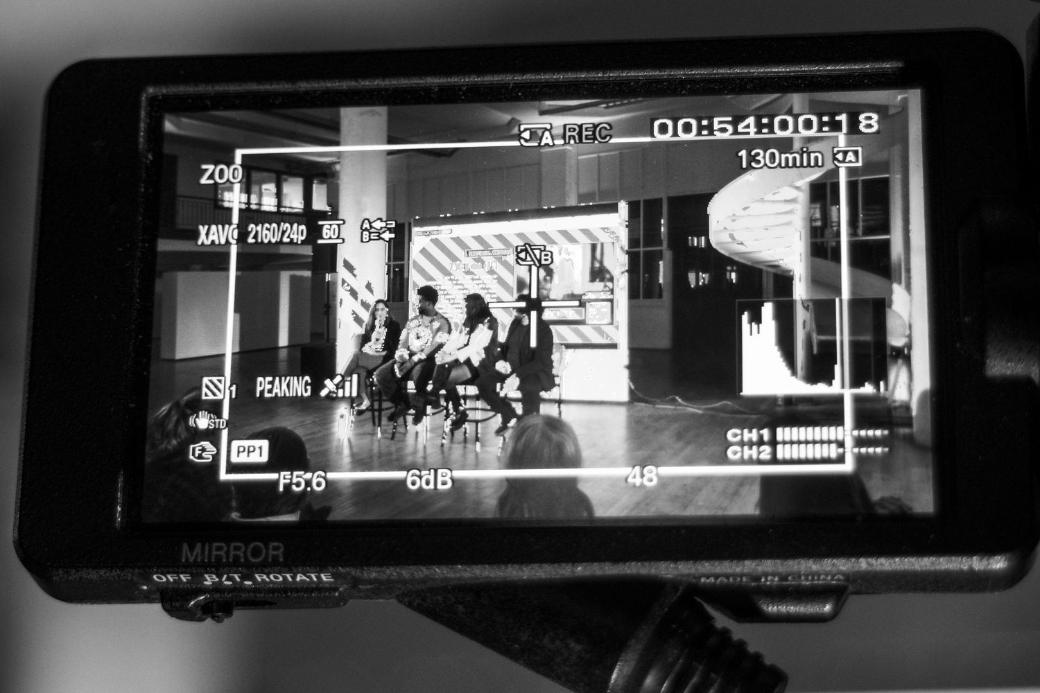 Behind-the-scenes video production monitors show multiple black and white camera angles during a film shoot.