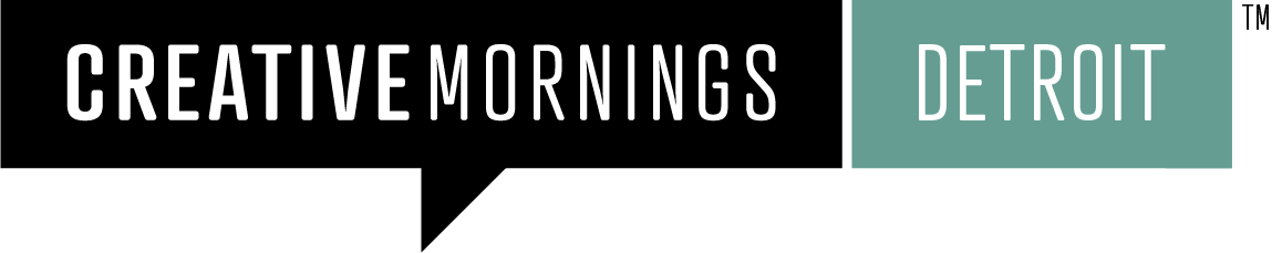 Creative Mornings Detroit logo featuring black speech bubble with white text and teal accent block.
