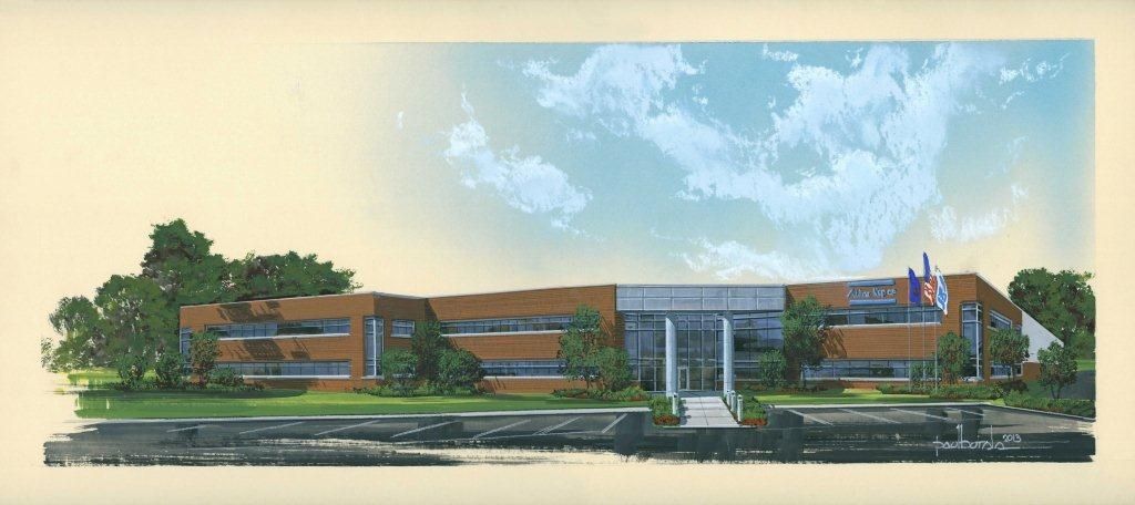 Digital illustration of a contemporary office building exterior with landscaping and modern design elements.