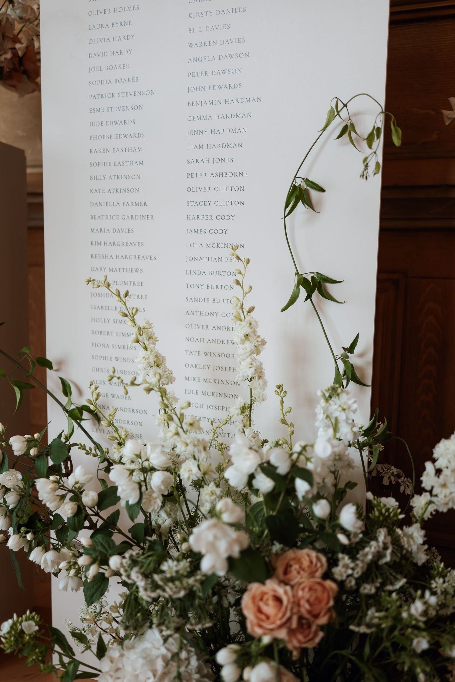 White wedding day floral arrangements with pink roses and greenery displayed in front of a cloth table plan.