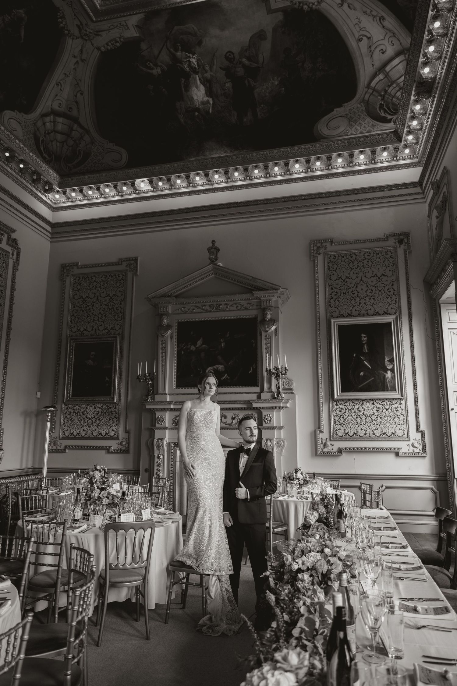 Black and white photographs show an elegant vintage dining room setup with ornate decorations and formal table settings.