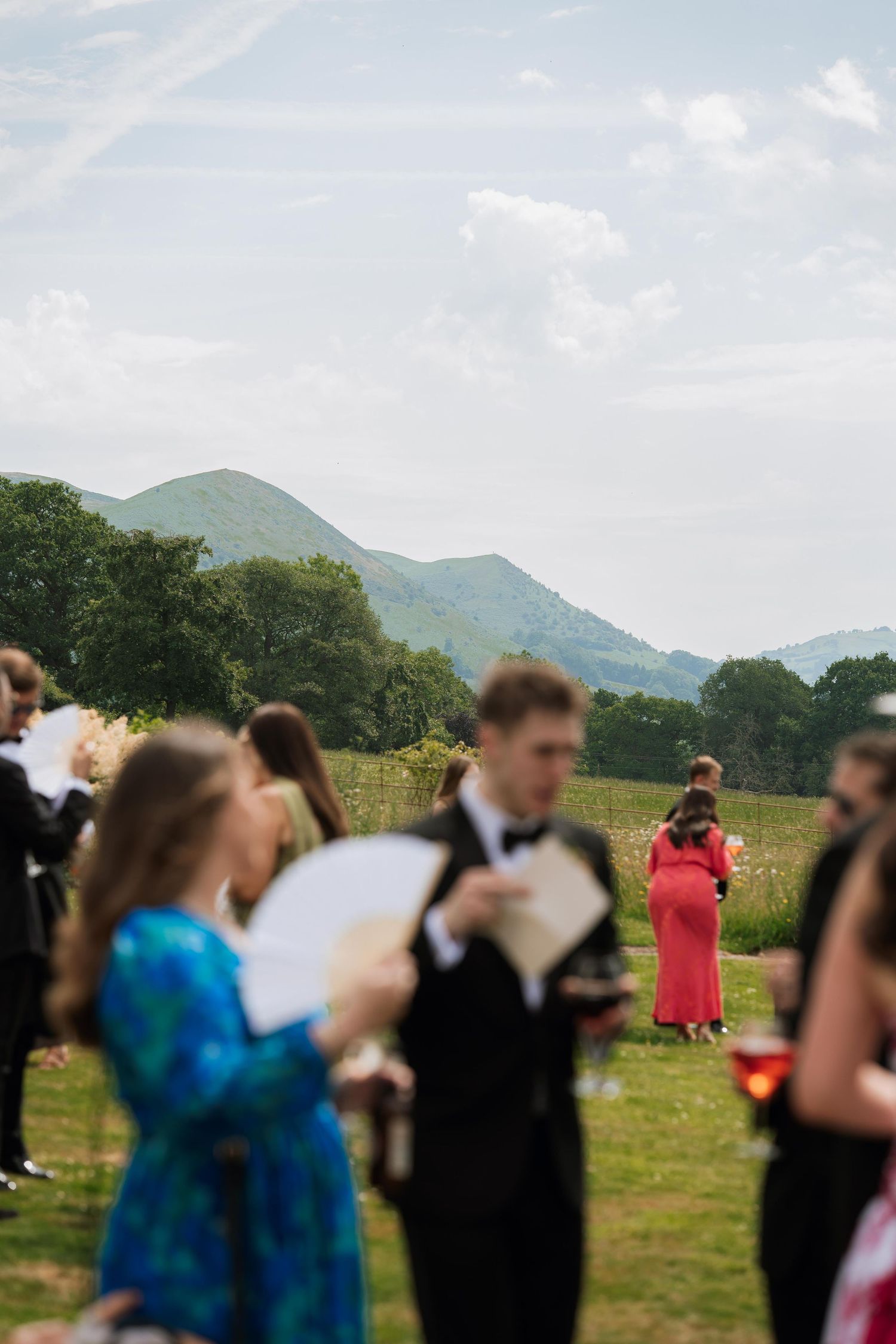 A blurred sequence of wedding guests dancing outdoors with mountains and trees visible in the background.