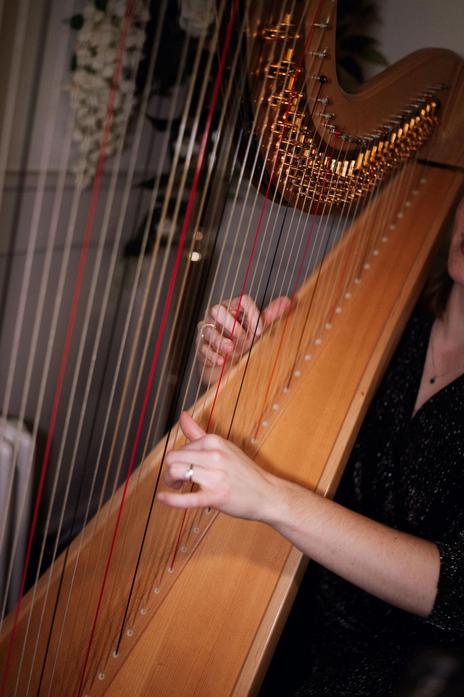 Close-up sequence of hands playing a wooden Celtic harp with multiple strings in a dimly lit setting.