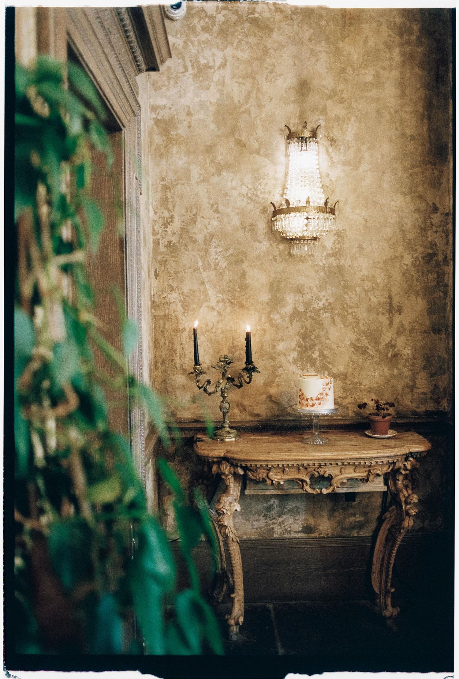 Vintage ornate console table with candelabra and wall sconce against textured wall with green foliage in foreground.