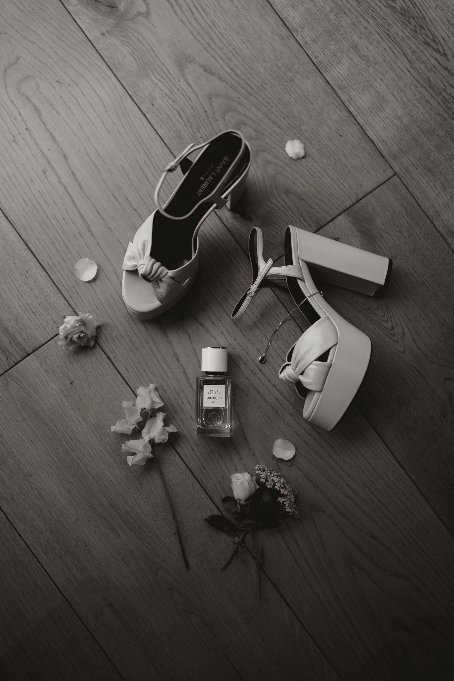Small objects including pills, toys, and debris scattered across a dark wooden floor in black and white.
