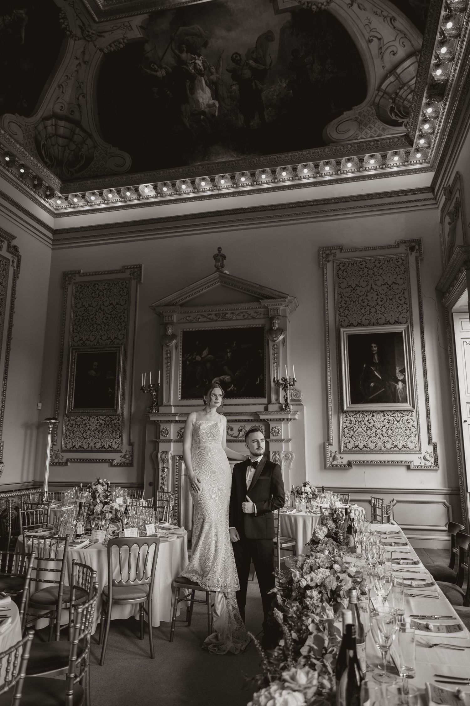 Black and white photos show a luxurious dining room setup in a historic mansion with ornate decor and formal table settings.