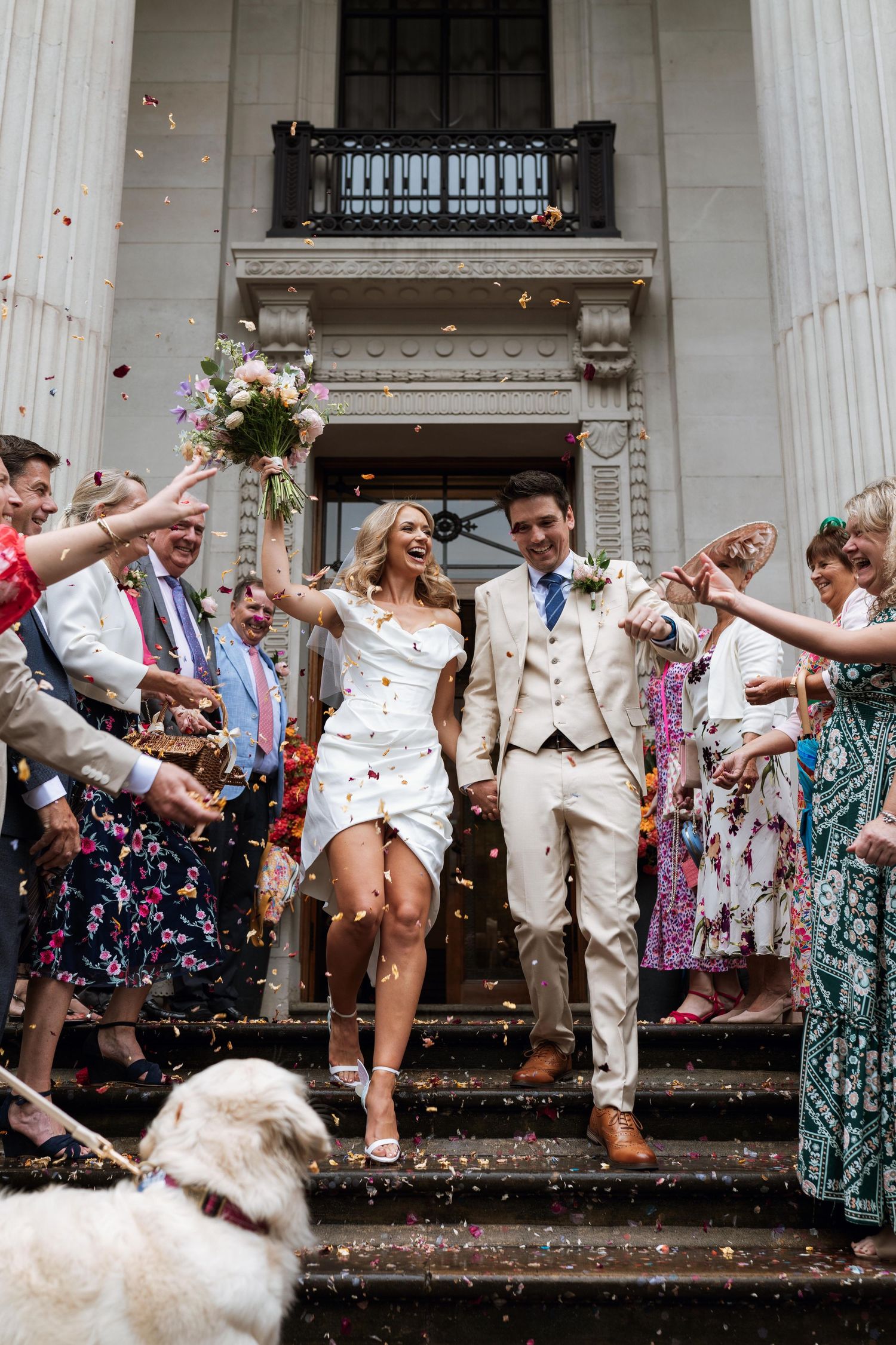 Wedding party celebrates on grand steps with confetti and joy while a white dog watches from below.