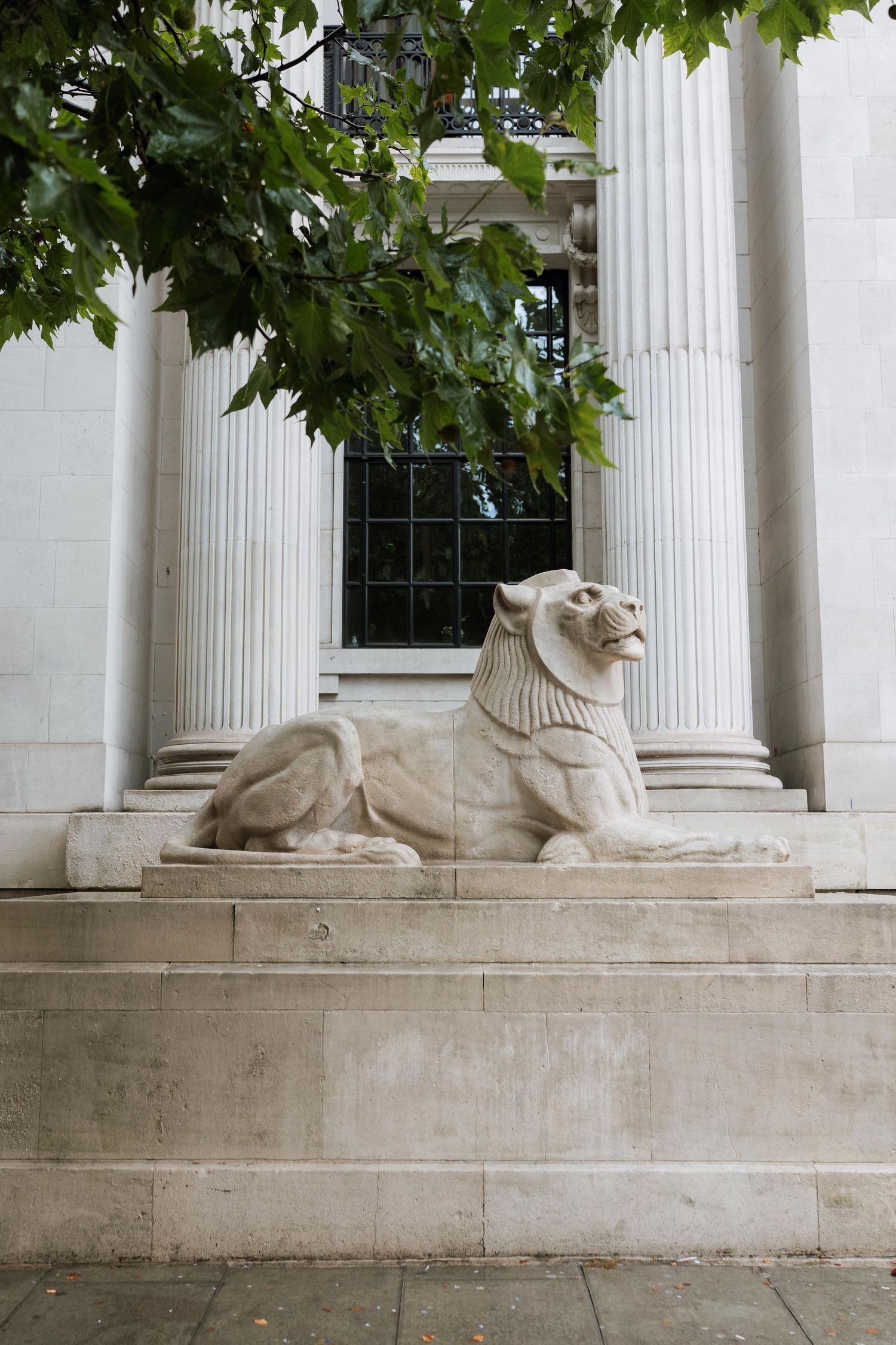 White stone lion sculptures guard the entrance of a classical building with fluted columns and green foliage overhead.