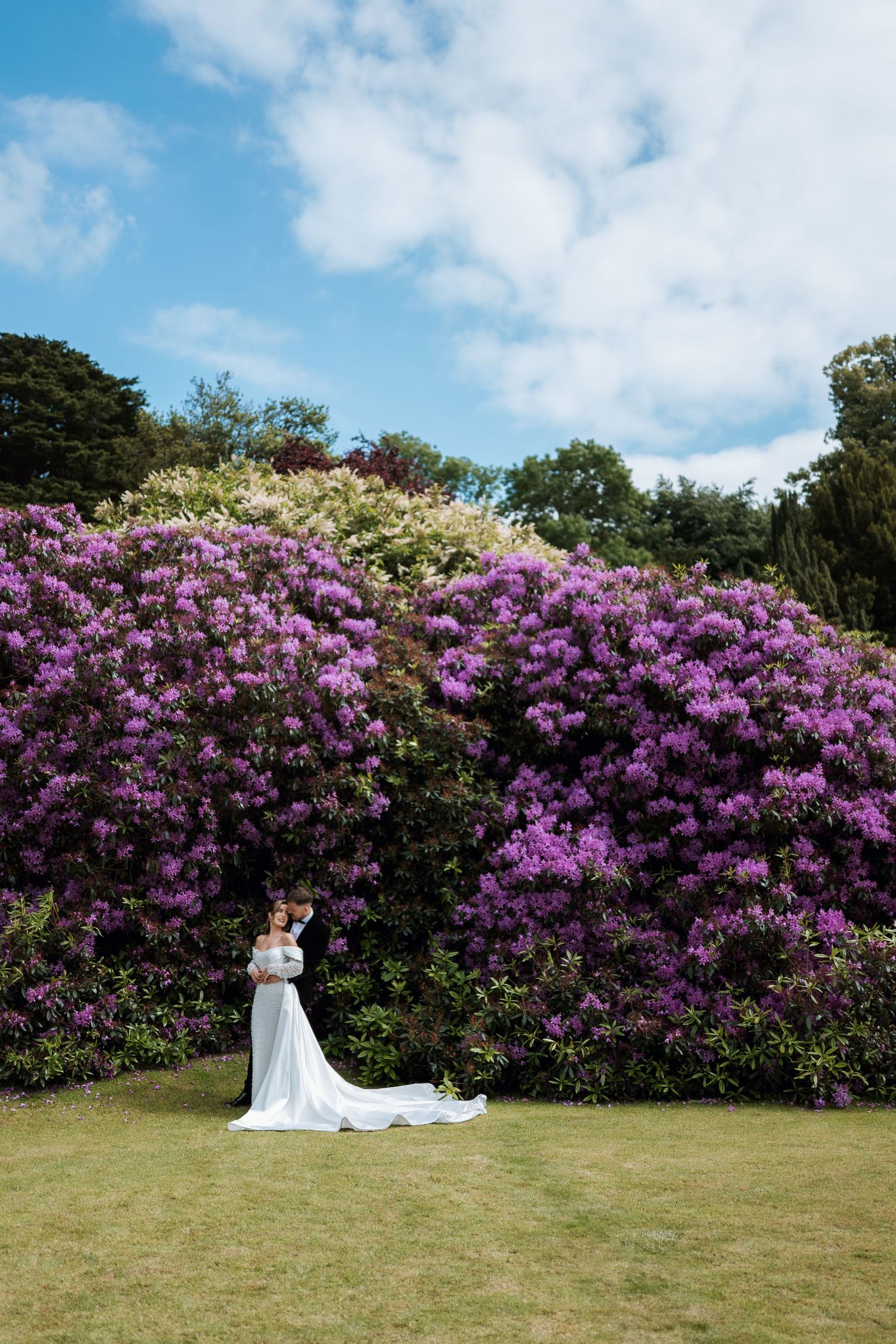 A flowing white dress stands elegantly against a backdrop of vibrant purple rhododendron bushes on a sunny summer day.