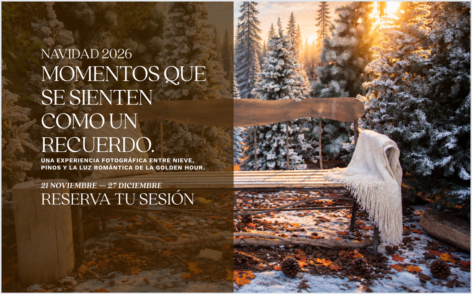 Snowy winter photography session promotional banner with golden hour light, pine trees, and a wooden bench with a white blanket.