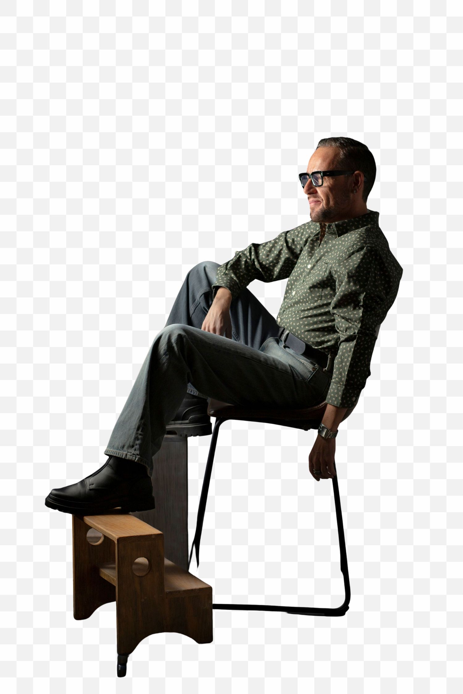 A sequence of three views showing someone sitting in a chair from different angles.